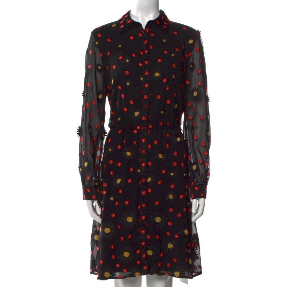 Alice + Olivia Black Floral Embroidered Long-Sleeve Shirt Dress